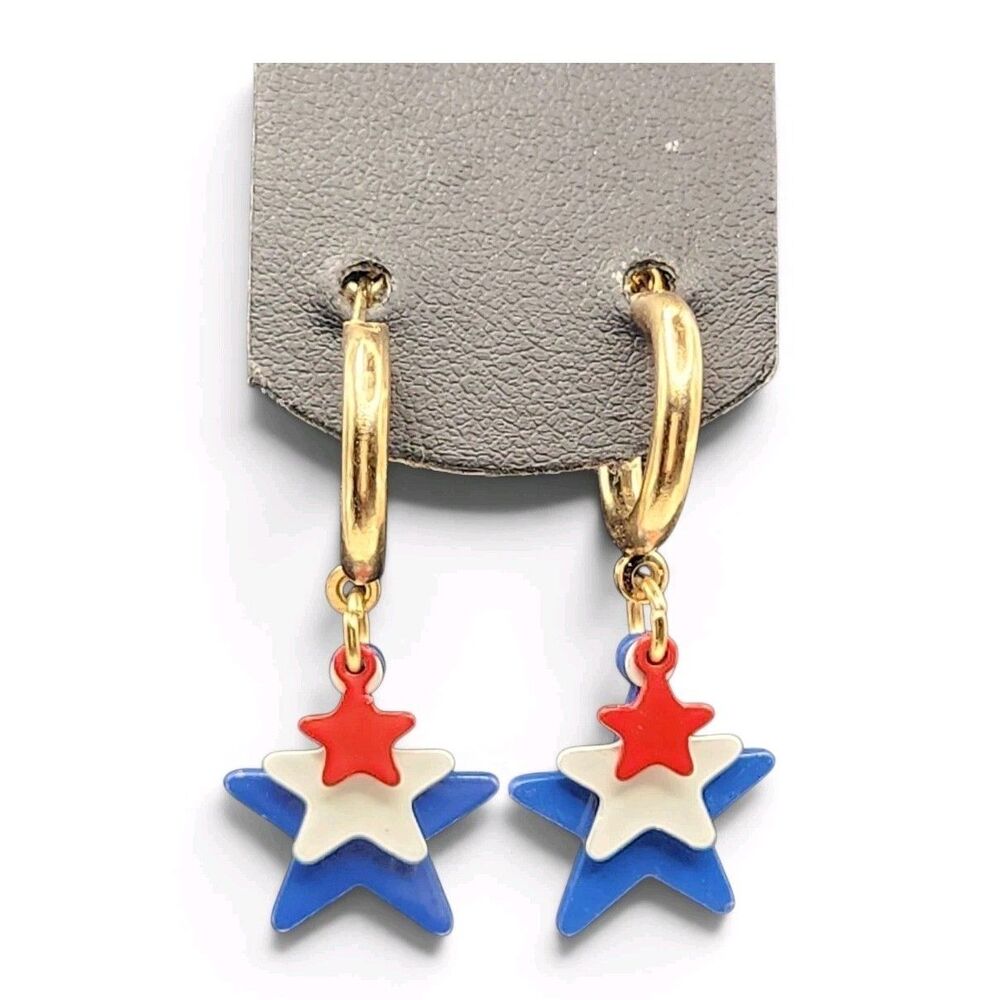 Patriotic Star Red White Blue Gold Tone Huggie Hoop Statement Dangle Earrings R